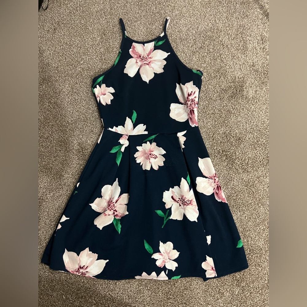 hawaiian blue and pink dress with florals. prom, homecoming, wedding